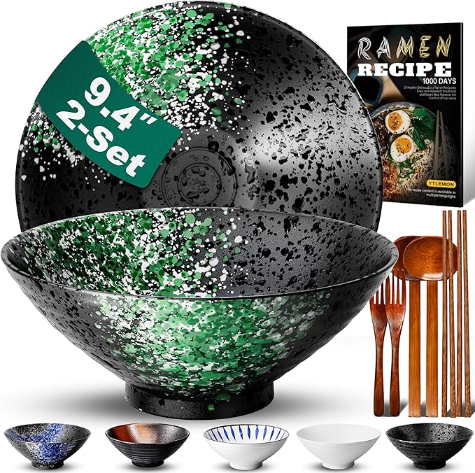 9.4Inch Ceramic Ramen Bowl Set of 2 (9 Piece) - Porcelain Japanese Salad Noodles Cereal Fruit Pasta Soup Large Bowls with Recipes Chopsticks Forks Spoons for Men Women Gift Microwave Dishwasher Safe
