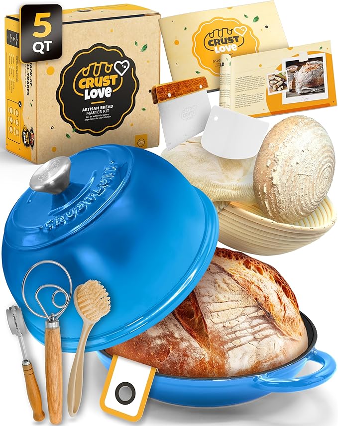 Dutch Oven Bread Baking - 5QT Enamel Bread-Dome - incl Sourdough Bread-Baking Suppliers like Dough Whisk Scoring Lame etc Bread-Oven Cast Iron for Sour dough Bread-Pan with Lid, Bread-making