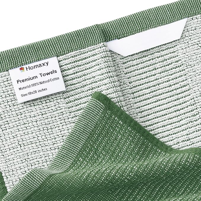 Homaxy Premium Kitchen Towels(18”x 28”, 12 Pack), Large Cotton Kitchen Hand Towels, Flat and Terry Dish Towels, 380 GSM Highly Absorbent Tea Towel Set with Hanging Loop, Grass Green