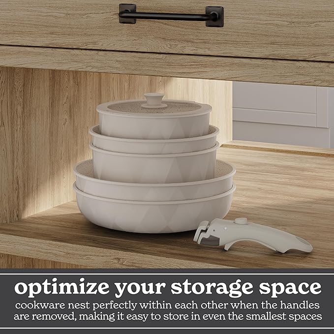 Country Kitchen Cookware Set with Removable Handle, Oven & RV Safe Pots and Pans Set, Cream Diamond, Original