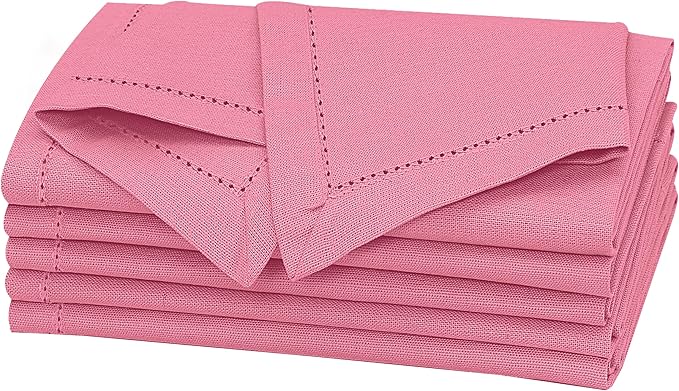 Ruvanti Premium Linen Napkins Set of 6-20x20 Inch, Classic Hemstitch, Mitered Corner Cloth Napkins ‎‎- Soft, Elegant Dinner Napkins Cloth Washable for Weddings, Parties, Everyday Use - Pink