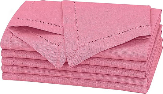 Ruvanti Premium Linen Napkins Set of 6-20x20 Inch, Classic Hemstitch, Mitered Corner Cloth Napkins ‎‎- Soft, Elegant Dinner Napkins Cloth Washable for Weddings, Parties, Everyday Use - Pink