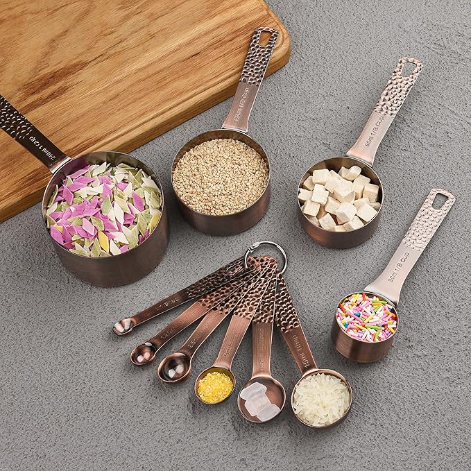 Measuring Cups and Spoons Set 12, Metric & US Copper Measuring Cups and Spoons set for Dry & Liquid, Stainless Steel 5 Measure Cup and 6 Measurf Spoon with 1 Leveler