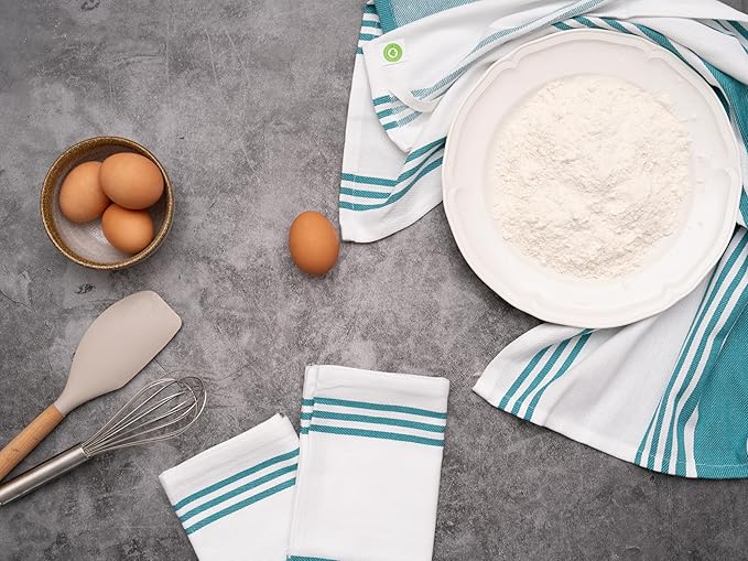 Teal Stripes Cotton Kitchen Towels - 6 Pack, 30"x20", 100% Cotton Teal Dish Towels with Hanging Loop - Lint-Free, Absorbent, Reusable, Washable, Large Size and Durable Dish Rags