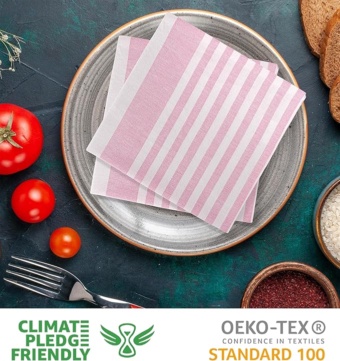 Urban Villa DinnerNapkins Horizontal Stripes Cloth Napkins Set of 12 Pink Color Dinner Napkins 20x20 Inches 100% Cotton Over Sized Cloth Napkins with Mitered Corners DinnerNapkins