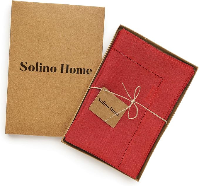 Solino Home Red Linen Napkins Set of 6-100% Pure Linen Hemstitch Dinner Napkins 20 x 20 Inch for Christmas, Holiday, Winter - Classic Hemstitch