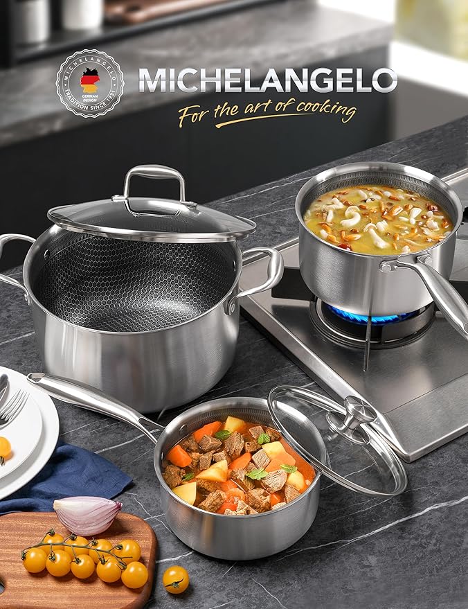 MICHELANGELO 6 Pcs Tri-ply Stainless Steel Pot Set, 2QT & 3QT & 8QT Pot with Lids, Nonstick HoneyComb Interior Cooking Pot Set, Compatible with All Cooktops, Oven & Dishwasher Safe