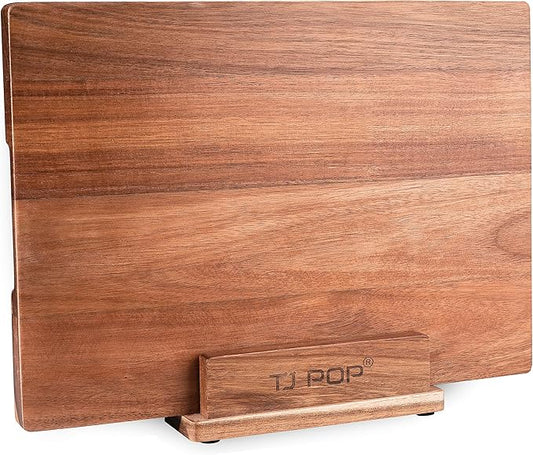 TJ POP Acacia Wood Cutting Board for Kitchen, Premium Wooden Chopping Board with Stand Organizer and Built-in Handle, 15.8 x 11.9 x 1 Inches Butcher Block Large Cheese Serving Board