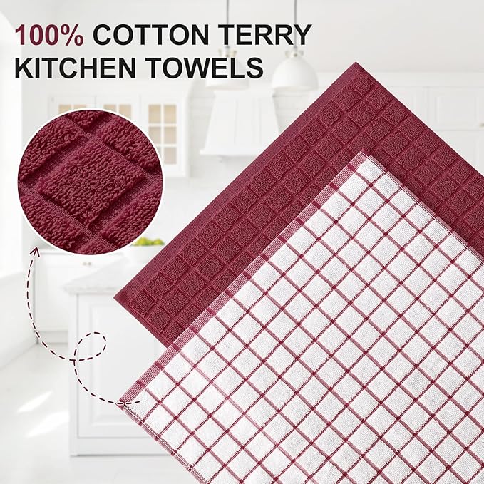 Homaxy Premium Cotton Kitchen Towels 16"x 28", Large Natural Ring Spun 390 GSM Dish Towels, Super Absorbent Terry Kitchen Hand Towels, Soft Tea Towel with Hanging Loop, Red Check Design,6 Pack