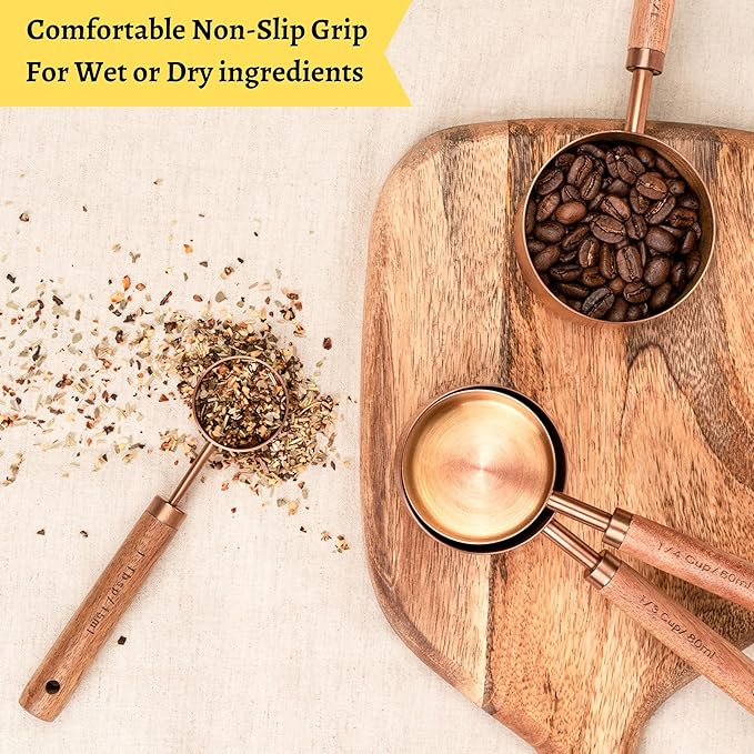Copper Stainless Steel Measuring Cups and Spoons Set of 8, Wooden Handle with US Measurements, Metric Cups and Spoons for cooking and baking