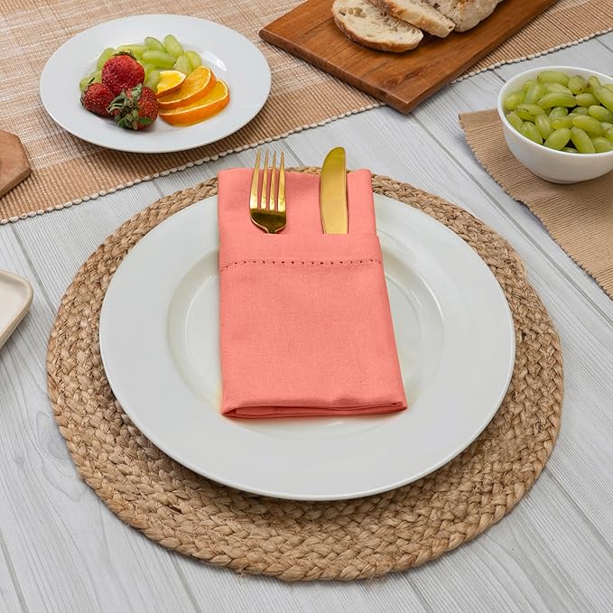 Blue Needles Set of 6 Hemstitch Linen Napkins 100% Cotton Salmon Cloth Dinner Napkins 18x18 inches, Soft, Reusable, Absorbent, Washable, Ideal for Fall Thanksgiving Events, Parties & Everyday Use