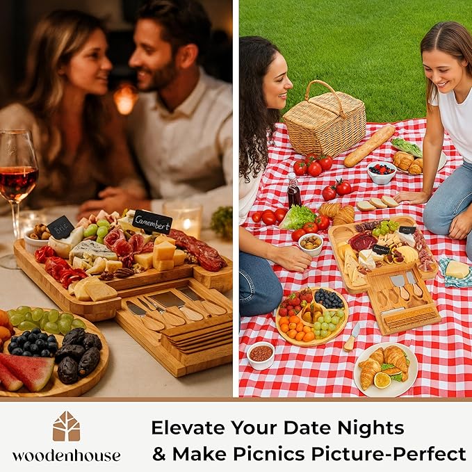 Bamboo Charcuterie Boards Gift Set - Meat and Cheese Tray with Utensils, Fruit Tray, and 2 Sauce Bowls Included - Bamboo Cheese Platter - House Warming Gifts New Home Couples & Family, Wedding Gifts