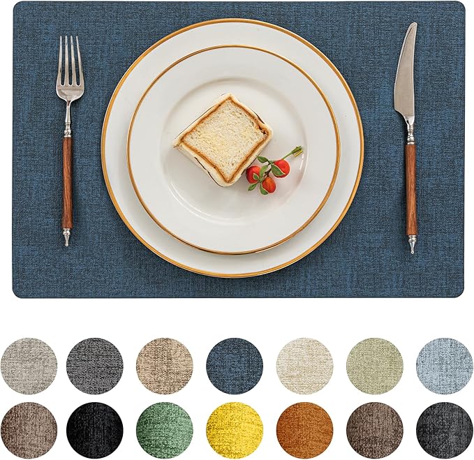 Romanstile Vinyl Placemats Set of 8-12 X 18 Inch - Heat Resistant Place Mats 100% Waterproof Oilproof Wipeable Reversible Faux Leather Table Mats for Kitchen/Dining/Party/Outdoor, Navy Blue