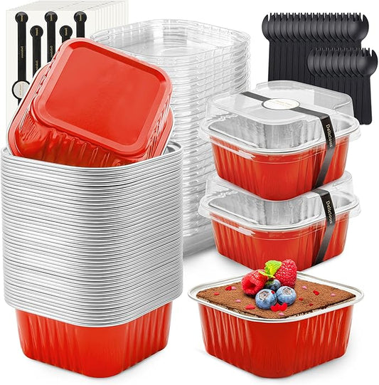 60 Pack Mini Cake Pans with Lids Mini Aluminum Pans, Disposable Loaf Pans Cupcake Liners with Lids for Pudding, Souffle, Party, Wedding(Red, 5 oz)