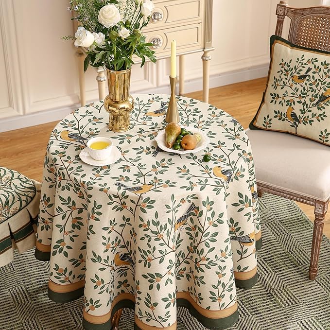 patdrea Designer Floral Linen Table Cloth Durable Breathable Tabletop Cover Dacorative Kitchen Dining Tablecloth for Round Tables for Kitchen Dining Parties,Holiday Christmas,Diameter 55"