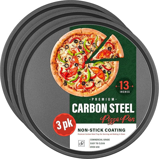 DecorRack 13 Inch Carbon Steel Pizza Pan, [Premium] Non-Stick Coating, Commercial Grade, Serving Tray, Heavy Duty Round Baking Tray for Oven Use (3 Pack)