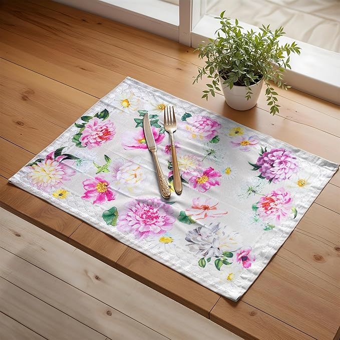 Maison d' Hermine Placemats Set of 4 100% Cotton Washable Cloth Place Mats, Reusable Table Mats for Kitchen Dining Decoration, Party, Wedding, Restaurant Spring/Summer (Pivoine, 13" x 19")
