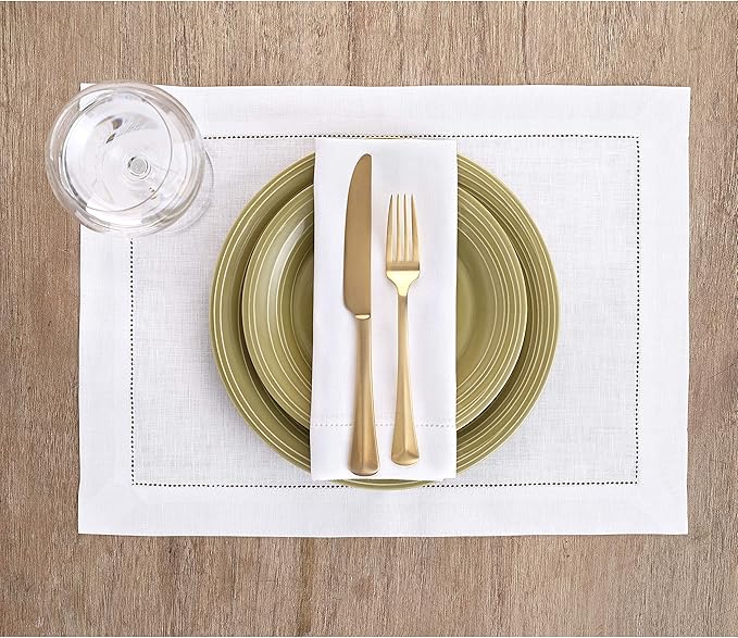 Solino Home White Linen Napkins Set of 6-100% Pure Linen Hemstitch Dinner Napkins 20 x 20 Inch for Fall, Autumn, Winter, Thanksgiving, Christmas, Holiday - Classic Hemstitch