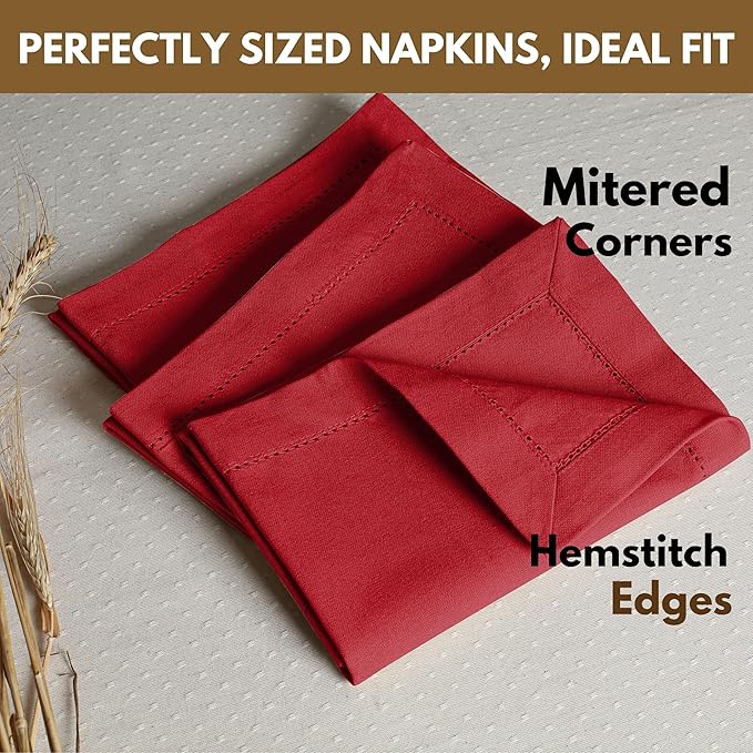 Native Fab Cloth Napkins Set of 4, Hemstitched Edges 100% Cotton, Washable Fabric Napkins 18x18 inch, Soft & Absorbent, Reusable Linen Napkins for Dinner, Table Dining, Events, Party - Red