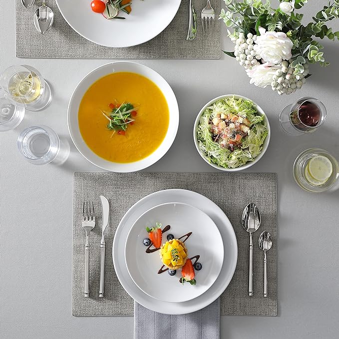 MALACASA 24-Piece Gourmet Porcelain Dinnerware Sets, Modern White Round Dish Set for 6 - Premium Serving Plates and Bowls Sets for Dessert, Salad, Soup, Pasta - Series AMELIA