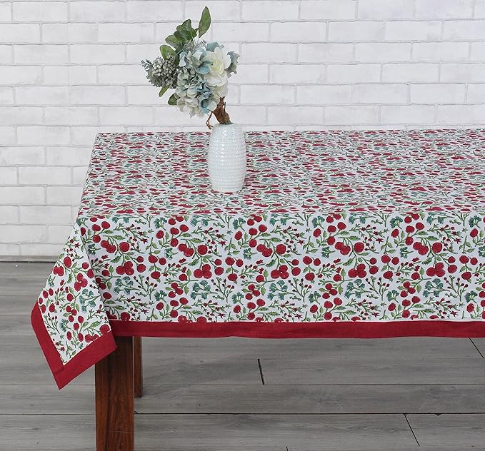 Ridhi Garnet Red Hand Block Print Cotton Rectangle Tablecloth 160 x 72 inch-Reusable Table Cover Decorative Everyday Use for Dining Room, Farmhouse, Thanksgiving, Christmas Wedding, Fall
