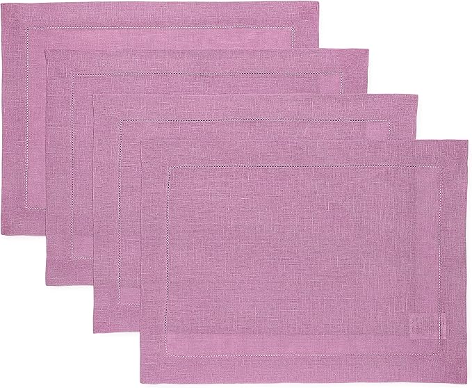 Solino Home Linen Cloth Placemats Set of 4-100% Pure Linen Hemstitch Violet Placemats 14 x 19 Inch - Classic Hemstitch Table Place Mats