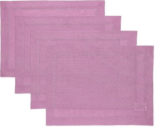 Solino Home Linen Cloth Placemats Set of 4-100% Pure Linen Hemstitch Violet Placemats 14 x 19 Inch - Classic Hemstitch Table Place Mats