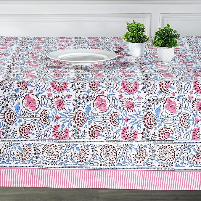 Ridhi Pigeon Blue Hand Block Print Cotton Rectangle Tablecloth 160 x 72 inch-Reusable Table Cover Decorative Everyday Use for Dining Room, Farmhouse, Thanksgiving, Christmas Wedding, Fall