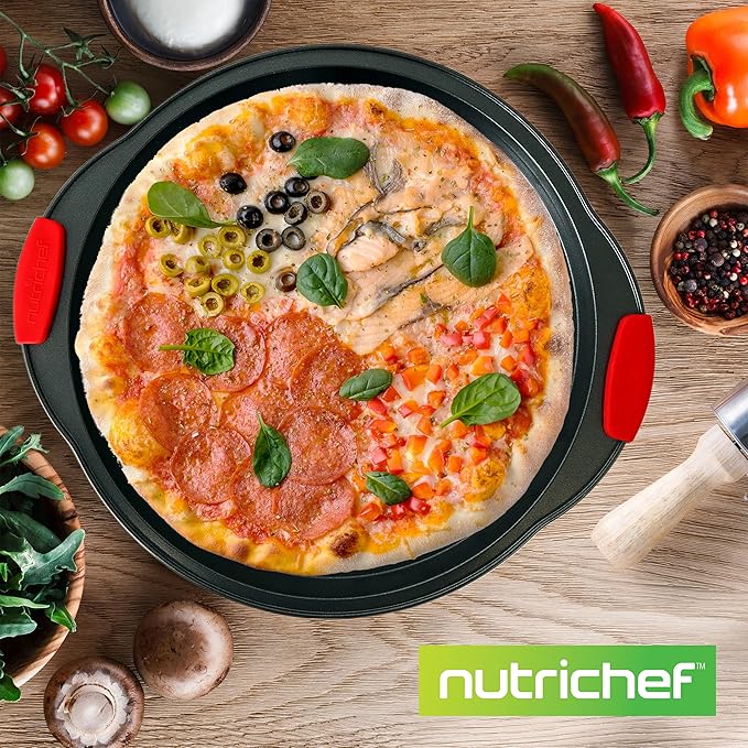 NutriChef Non-Stick Pizza Tray with Silicone Handles, 4-Pack Round Steel Non-Stick Pans with Perforated Holes, Premium Bakeware, Pizza Trays with Silicone and Oversized Handles, Dishwasher Safe