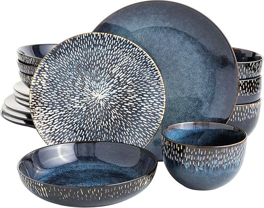 Gibson Elite Matisse 16-Piece Dinnerware Set – Double Bowl Reactive Glaze Stoneware in Blue – Plates and Bowls for 4, Microwave & Dishwasher Safe, Rustic Modern Design
