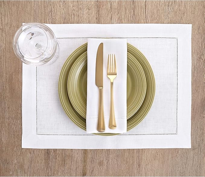 Solino Home White Linen Napkins Set of 4-100% Pure Linen Hemstitch Dinner Napkins 20 x 20 Inch for Fall, Autumn, Winter, Thanksgiving, Christmas, Holiday - Classic Hemstitch
