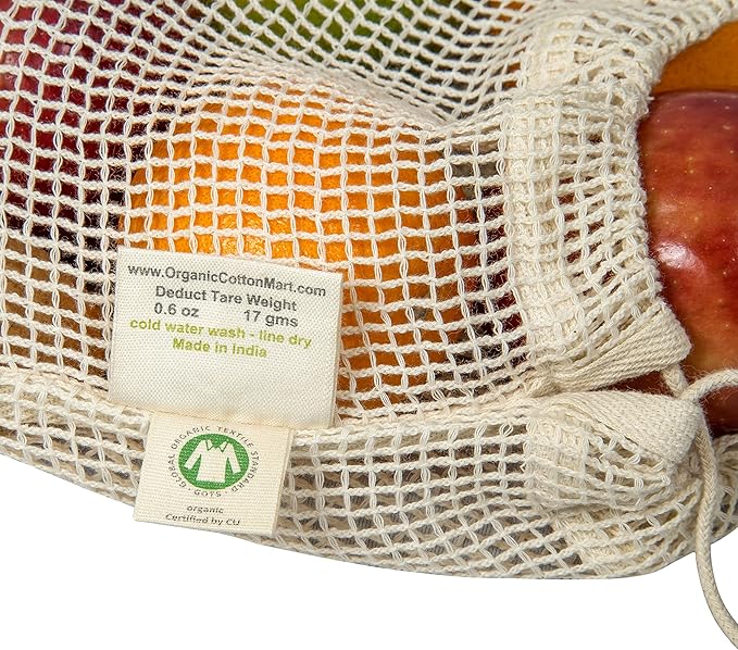 Reusable Mesh Vegetable Bags of 100% Organic Cotton - 6 Pieces Perfect Net Produce Bags - Eco-friendly, Bio-degradable & Washable Fruit, Vegetable & Produce Bags (3 Medium, 3 Small)