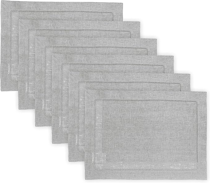 Solino Home Linen Cloth Placemats Set of 6-100% Pure Linen Hemstitch Soft Grey Placemats 14 x 19 Inch - Classic Hemstitch Table Place Mats for Fall, Autumn, Thanksgiving, Christmas, Winter