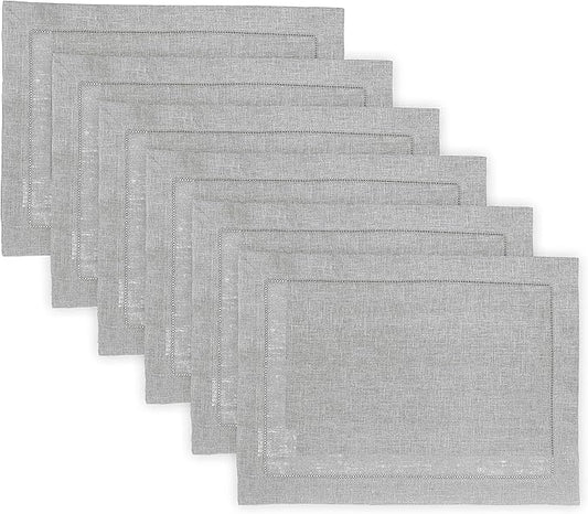 Solino Home Linen Cloth Placemats Set of 6-100% Pure Linen Hemstitch Soft Grey Placemats 14 x 19 Inch - Classic Hemstitch Table Place Mats for Fall, Autumn, Thanksgiving, Christmas, Winter