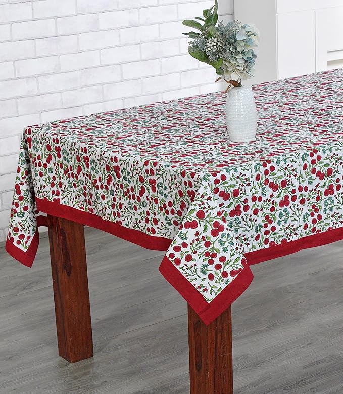 Ridhi Garnet Red and Emerald Green Indian Floral Hand Block Printed Cotton Cloth Tablecloth, Table Cover, Farmhouse Thanksgiving Christmas 4 Seater 60x60 Inches Square
