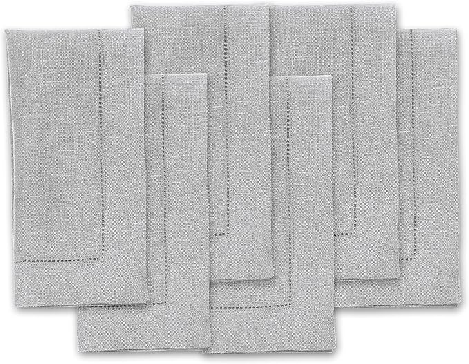 Solino Home Linen Napkins Set of 6 - Classic Hemstitch 100% Pure Linen Soft Grey Dinner Napkins Cloth 20 x 20 Inch for Fall, Autumn, Thanksgiving, Christmas, Winter - Handcrafted and Machine Washable