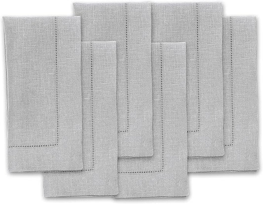 Solino Home Linen Napkins Set of 6 - Classic Hemstitch 100% Pure Linen Soft Grey Dinner Napkins Cloth 20 x 20 Inch for Fall, Autumn, Thanksgiving, Christmas, Winter - Handcrafted and Machine Washable