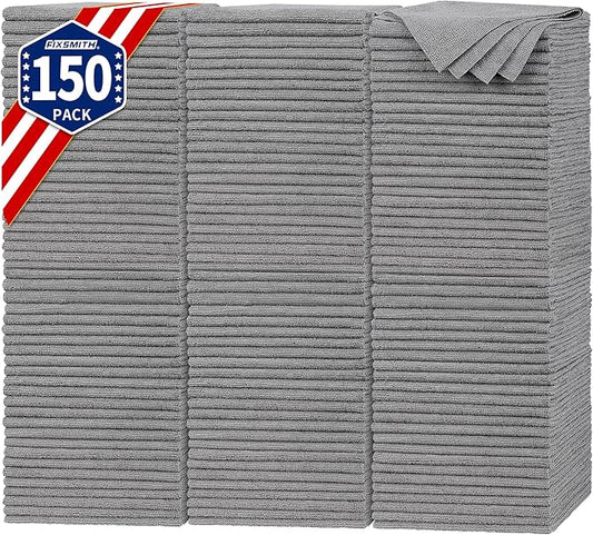 FIXSMITH Shop Towels, Pack of 150, Grey Microfiber Cleaning Cloth Bulk, Microfiber Towels for Cars, All-Purpose Absorbent Cleaning Rags, Dust Cloth for Automotive, Mechanic, Garage, 11.5 x 11.5 inch