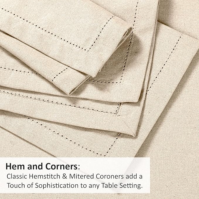 Ruvanti Premium Linen Napkins Set of 12-20x20 Inch, Classic Hemstitch, Mitered Corner Cloth Napkins‎‎ - Soft, Elegant Dinner Napkins Cloth Washable for Weddings, Parties, Everyday Use - Natural