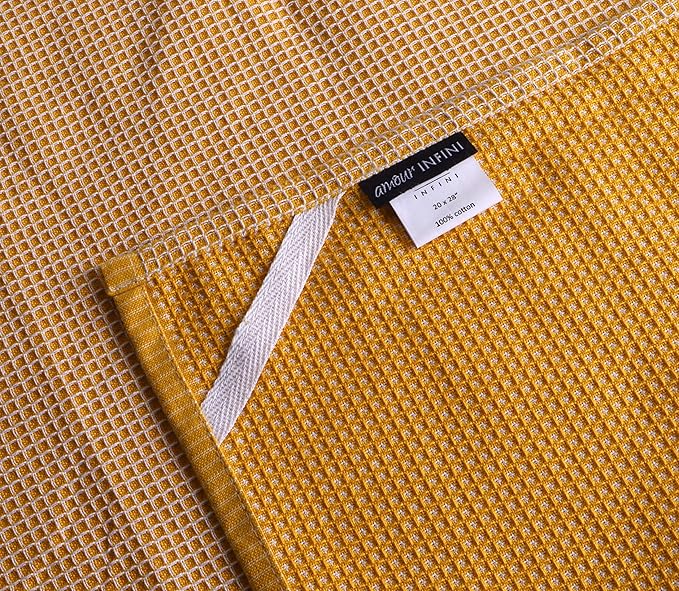 AMOUR INFINI Cotton Kitchen Towels - Set of 4 Highly Absorbent, Ultra Soft Waffle Weave Tea Towel with Hanging Loop - 20x28 Inch Quick Drying Dish Cloths for Cleaning (Yellow)
