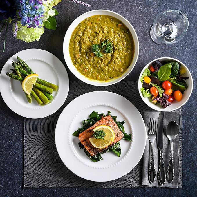 Gibson Elite Embossed Bone China 16-Piece Double Bowl Dinnerware Set, Service for 4 – White Elegant Plates and Bowls