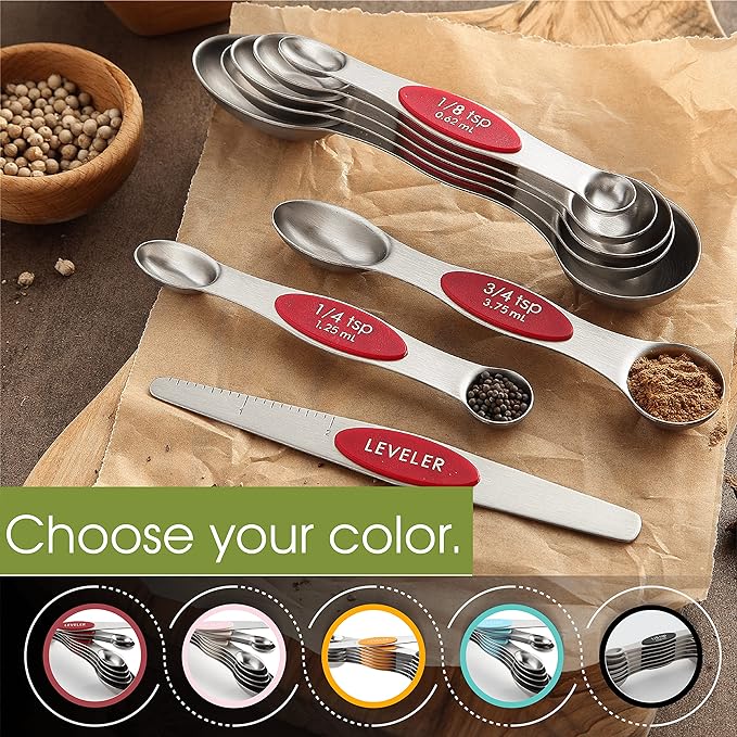 Spring Chef Red Stainless Steel Magnetic Measuring Spoons Set of 8 with Leveler, Dual Sided Nesting Teaspoon & Tablespoon Measuring Spoons, Kitchen Gadgets for Baking & Cooking, Fits in Spice Jars