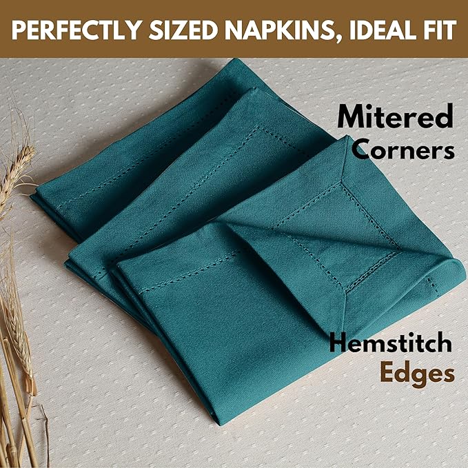 Native Fab Cloth Napkins Set of 4, 100% Cotton, Hemstitch Mitered Edges, Washable Fabric Napkins, 18x18 inch, Soft, Breathable, Reusable Hotel Quality Napkins for Events, Party, Dinner - Teal Green