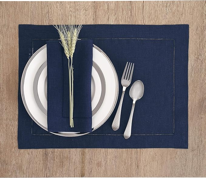 Solino Home Linen Cloth Placemats Set of 6-100% Pure Linen Hemstitch Navy Blue Placemats 14 x 19 Inch - Classic Hemstitch Table Place Mats for Thanksgiving, Christmas, Holiday, Winter