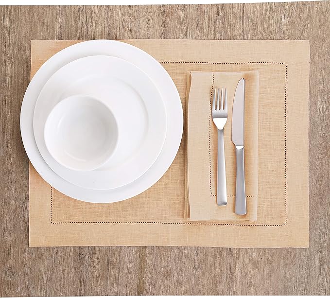 Solino Home Linen Placemats Set of 4 - Classic Hemstitch Beige Placemats 14 x 19 Inch - 100% Pure Linen Table Mats for Fall, Autumn, Thanksgiving, Christmas