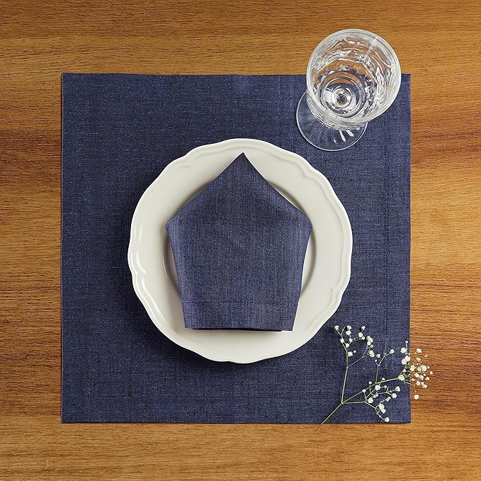 Solino Home Linen Square Placemats Set of 4 - Chambray Navy Placemats 14 x 14 Inch - 100% Pure Linen Table Mats for Fall, Autumn, Thanksgiving, Winter - Athena