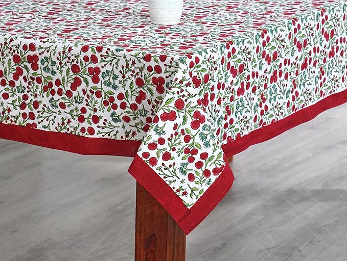 Ridhi Garnet Red Hand Block Print Cotton Rectangle Tablecloth 160 x 72 inch-Reusable Table Cover Decorative Everyday Use for Dining Room, Farmhouse, Thanksgiving, Christmas Wedding, Fall