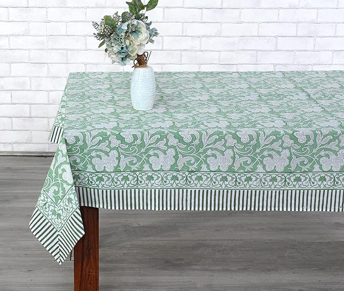 Ridhi Sage Green Hand Block Print Cotton Rectangle Tablecloth 160 x 72 inch-Reusable Table Cover Decorative Everyday Use for Dining Room, Farmhouse, Thanksgiving, Christmas Wedding, Fall