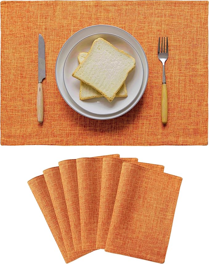 Home Brilliant Cloth Placemats Set of 6 Heat Resistant Dining Table Place Mats for Kitchen Table Fall Party Thanksgiving Decorations Decor, 13 x 19 inches, Orange