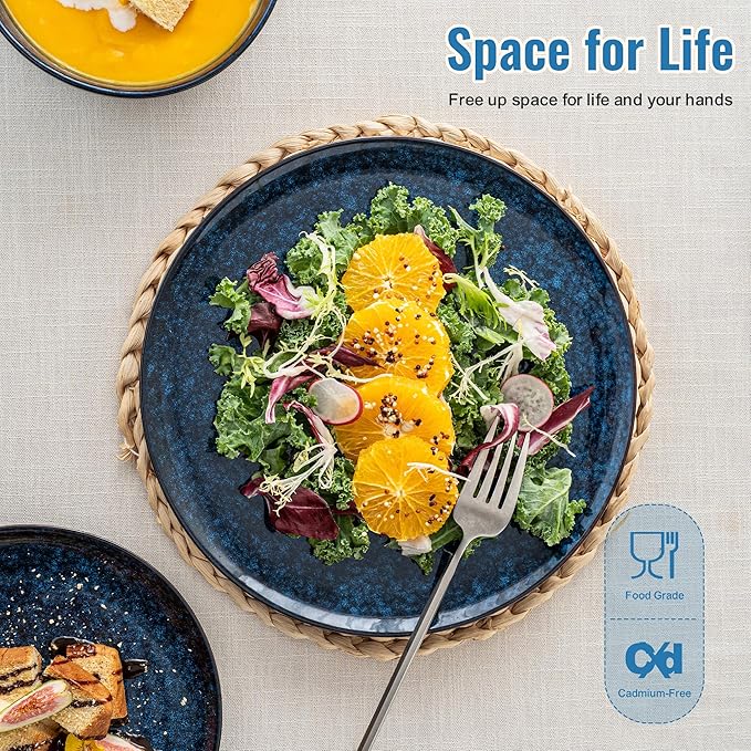 Plates and Bowls Sets, 12 Pieces Dark Blue Dinnerware Sets for Kitchen, Reactive Glaze Dishes Set for 4, Dishwasher and Microwave Safe, Series Starflecked Shore(Dark Blue)